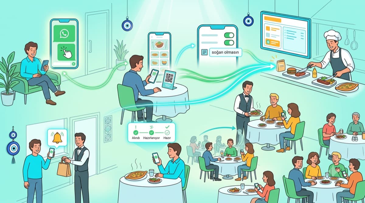 V-Order ürün görseli: masadan QR ile WhatsApp siparişi, mutfak kanban ekranı ve servis akışı